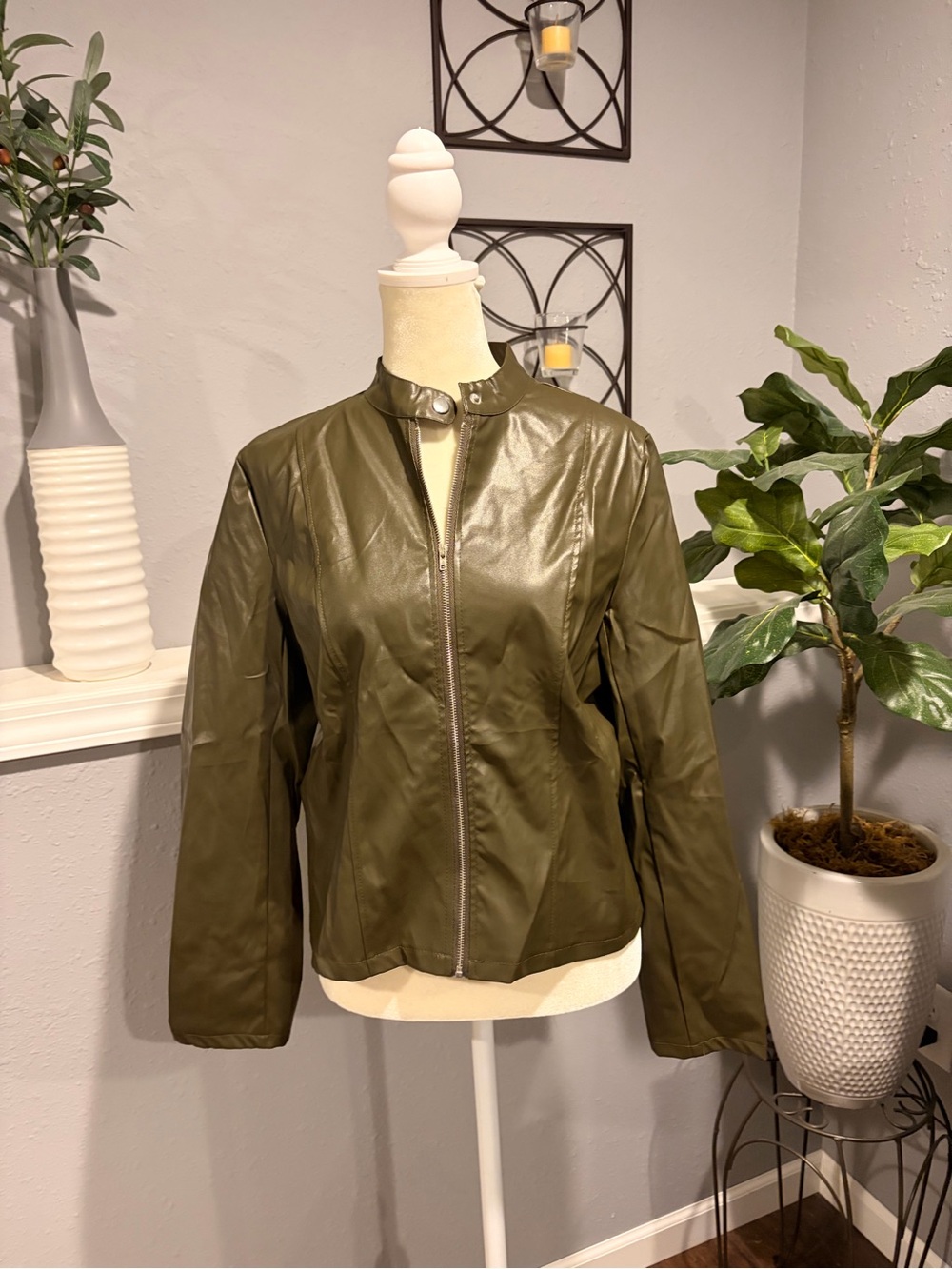 Olive Green Women's Leather Zip Jacket
